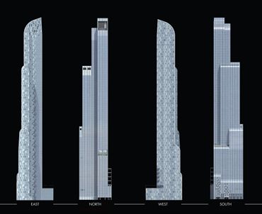 Nova torre apresenta faces envidraçadas e assimétricas que se reduzem e se transformam à medida que se elevam, apresentando desenhos diferentes para cada um dos pontos cardeais