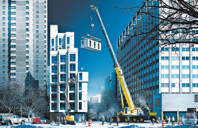 Representação artística do edifício My Micro NY após a montagem das unidades pré-fabricadas